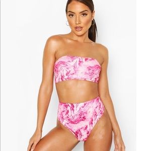 NWOT Boohoo Ribbed Marble HighWaist Bandeau Bikini